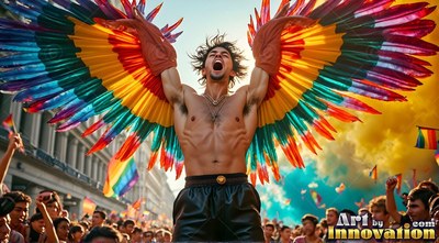 A shirtless man cheers with giant pride rainbow wings raised at a crowded parade
