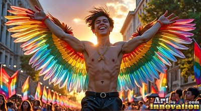 At a street parade, a smiling shirtless man spreads large bright rainbow wings
