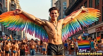 Spreading colorful rainbow feathered wings, a smiling shirtless man walks in a sunny street parade