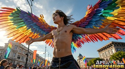 Shirtless man in rainbow feather wings opens his arms at a parade