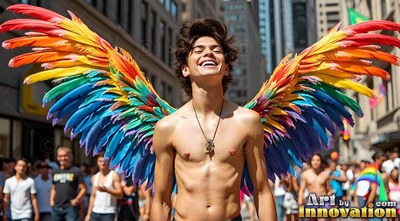 Smiling shirtless man with rainbow wings walks along a downtown street in daylight