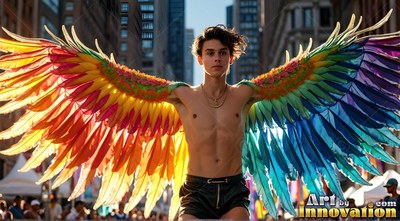 A shirtless man spreads multicolored wings on a public street in bright sunlight