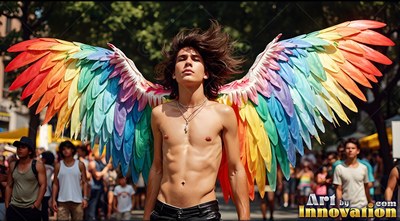 Facing forward on a crowded street, a bare-chested man wears rainbow feathered wings