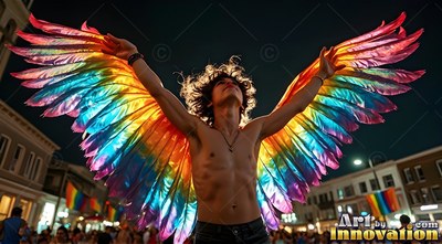 A shirtless man spreads rainbow feathered wings on a street at night