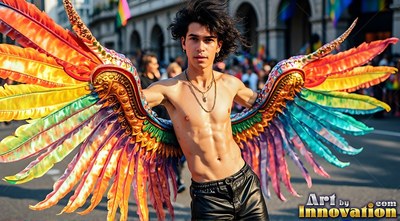 On a city street, a shirtless young man wears wings with rainbow feathers