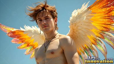 Standing in sunlight, a shirtless man wears large wings of yellow and orange feathers