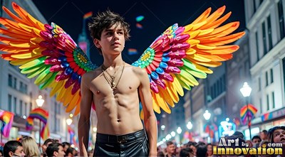 Shirtless man wearing feathered bright rainbow wings at a night parade