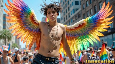 Facing forward on a sunlit street, an unshirted man wears wings with rainbow feathers