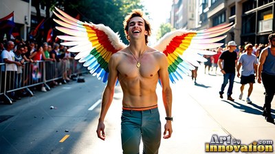 A shirtless smiling man walks down a parade street wearing bright rainbow wings