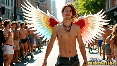 On a crowded city street, a shirtless man walks wearing colorful feathered wings