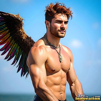 Standing under blue sky, a shirtless muscular man wears colorful feathered wings