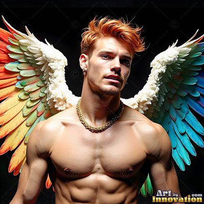 Shirtless red-haired man wearing colorful feathered wings