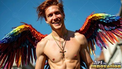A shirtless smiling man wears feathered multicolored wings in the bright sunlight