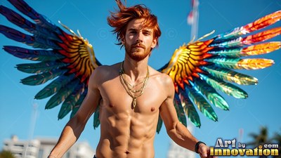 Standing shirtless under a blue sky, a redhead man wears bright rainbow wings