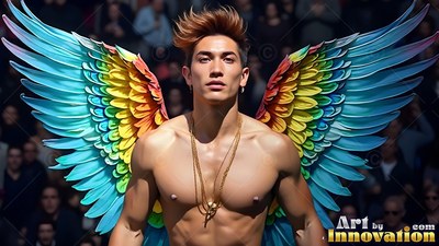 A shirtless man with spiked hair wears bright rainbow wings in a crowd