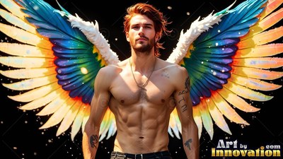 Against a dark background, a shirtless man stands with rainbow feather wings