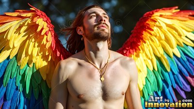 Shirtless man looking up with wide rainbow feather wings
