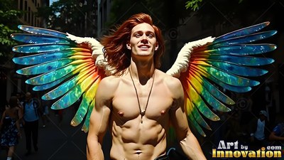 Long red hair framing his face, a shirtless man wearing pride rainbow wings walks down a city street