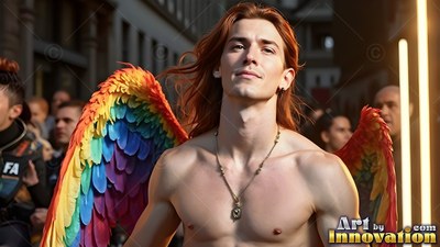 A shirtless redheaded man walks down a paved street wearing feathered pride rainbow wings in soft daylight