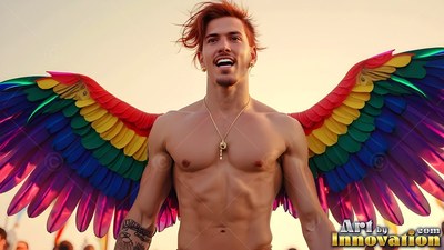 Facing forward outdoors, a shirtless man smiles wearing bright rainbow wings