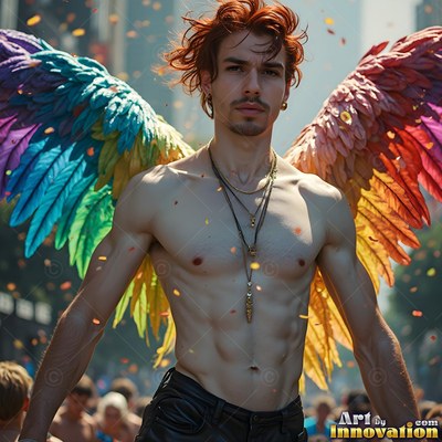 A shirtless man with red hair wearing wings with rainbow feathers at a parade outdoors