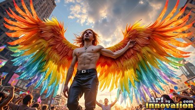 In a crowded street parade, a shirtless man spreads great rainbow wings
