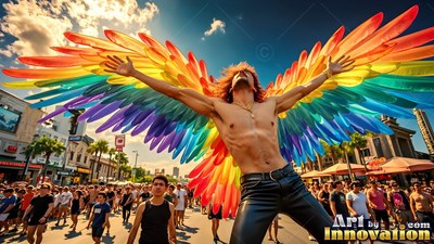 Spreading rainbow feather wings, a shirtless man in leather pants poses above a sunny crowd