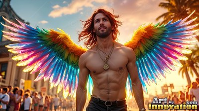A shirtless man with pride rainbow wings stands at a sun-drenched street parade