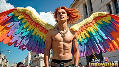 Red hair blowing back, a shirtless man has rainbow-hued wings on a sunny paved street