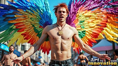 A shirtless man spreads rainbow feathered wings wide under the bright sun