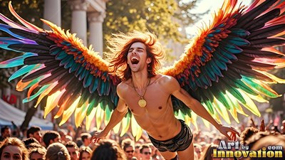 Leaping above a sunny crowd, a shirtless man wears huge rainbow wings