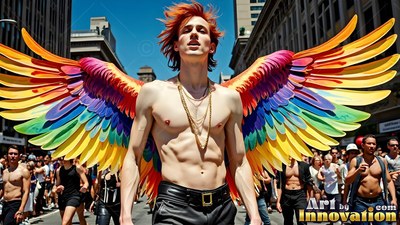 A shirtless man walks down a sun-filled street wearing rainbow wings