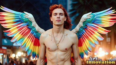 On a city street, a shirtless red-haired man stands with rainbow feathered wings