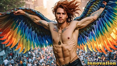 Spreading colorful wings, a shirtless man with red hair poses above a street parade crowd
