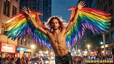 Shirtless man having rainbow-hued wings raised on a city street
