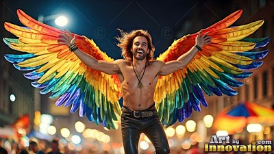 Tight leather pants on a smiling shirtless man with rainbow wings dancing at a night parade