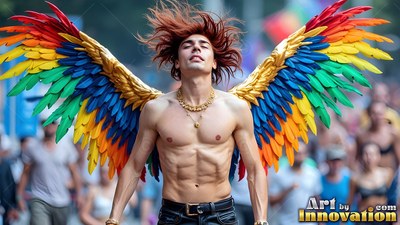 A shirtless man spreads rainbow wings with his head tilted back in daylight