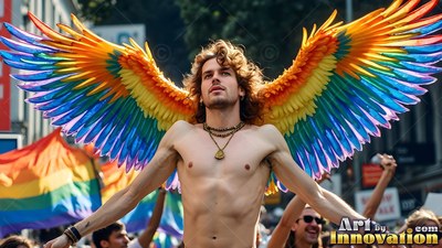 Looking up at a street parade, a shirtless man wears big rainbow wings of feathers