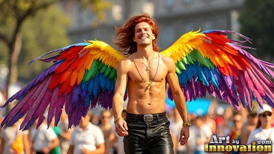 A smiling shirtless man with long red hair walks outdoors in huge multicolored wings