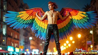 On a lit paved street, a shirtless man wears feathered bright rainbow wings