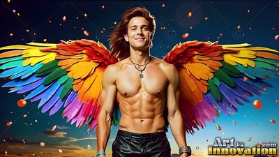 Smiling outdoors, a shirtless man wears broad rainbow feathered wings