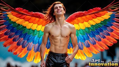 Shirtless smiling man wears rainbow feathered wings outside