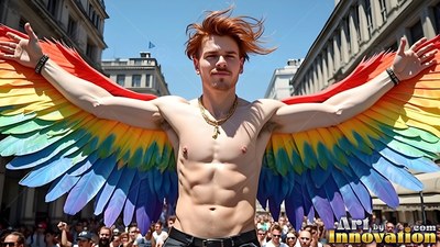 Wearing a gold chain on a sunny city street, a shirtless man spreads wide multicolored wings