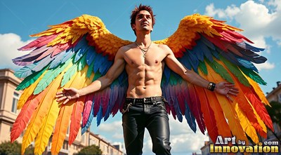 A shirtless man spreads rainbow feathered wings wide under the bright daylight sky