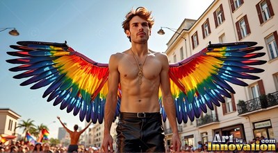 Standing on a sunny downtown street, a shirtless man wears bright rainbow wings