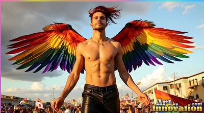 A shirtless man in leather pants spreads bright rainbow wings at an outdoor parade