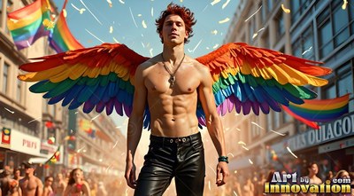 On a crowded city street, a shirtless man has rainbow wings in falling confetti