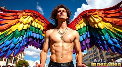 Spreading large pride rainbow wings, a shirtless man stands in a city square under a blue sky