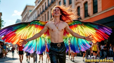 A smiling shirtless man carrying pride rainbow wings walks down a sunny street
