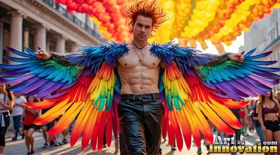 A shirtless man in black leather pants walks down a sunny city street wearing rainbow wings